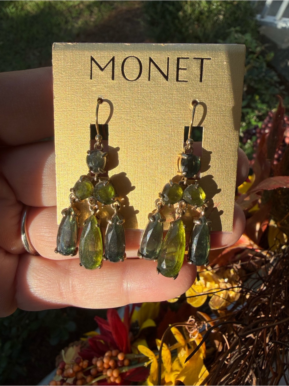Monet Gold-Tone Green Chandelier Earrings